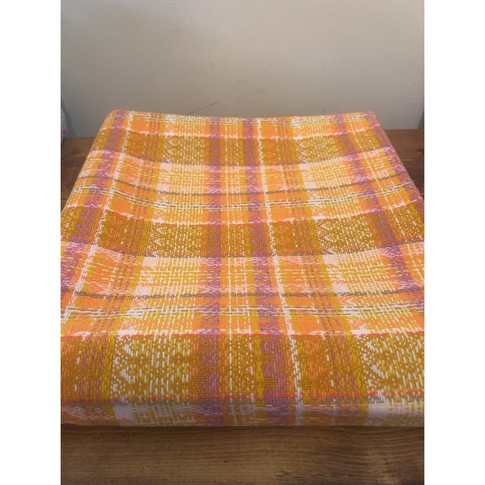 Vintage 1970s Orange Pink Neon Bright Plaid  Upholstery Fabric